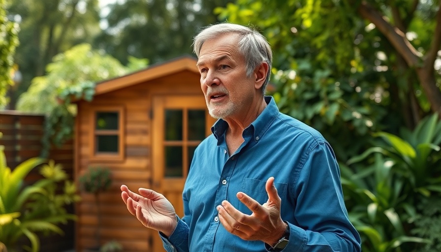 Middle-aged man discussing DIY Shed Building in a backyard.