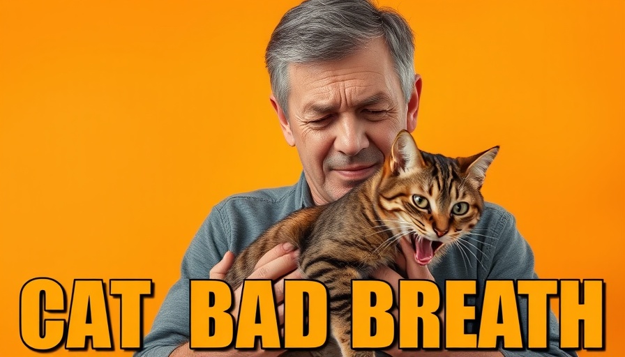 Man reacting to cat's breath, cat bad breath remedies context.