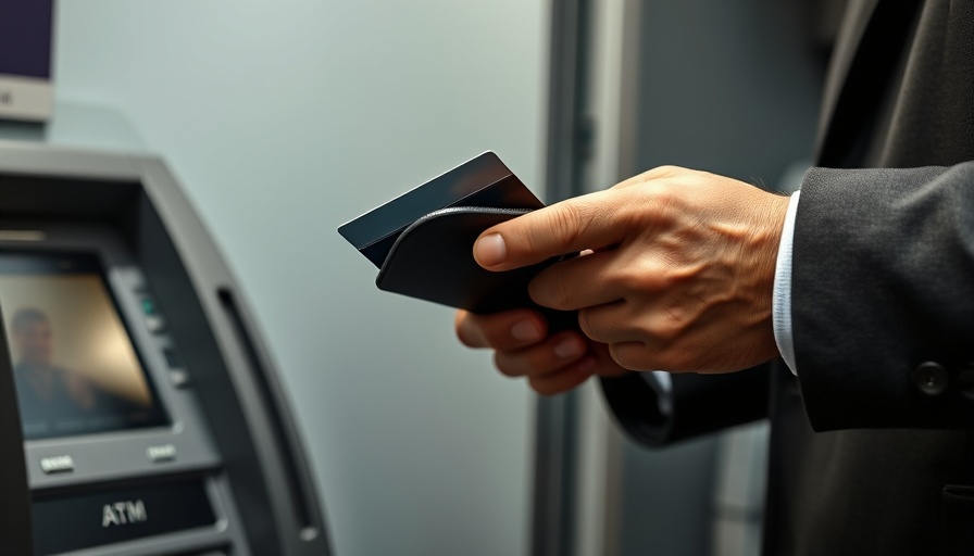 Close-up of mature man's hands with credit card at ATM.