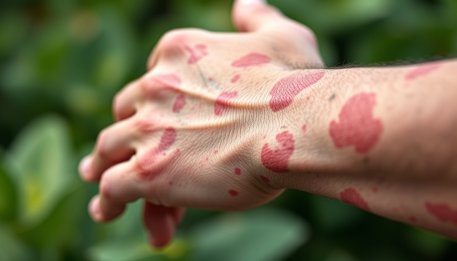 Red, scaly plaque psoriasis on an adult's arm in natural light.