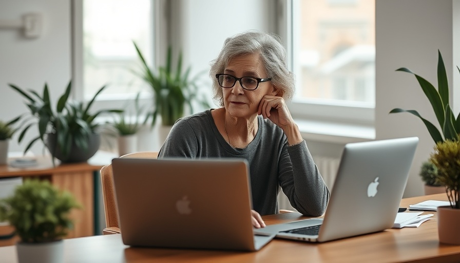 Older woman considering career moves during recession at a desk.