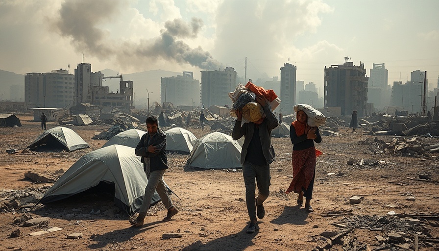 Gaza City under siege with residents carrying belongings.