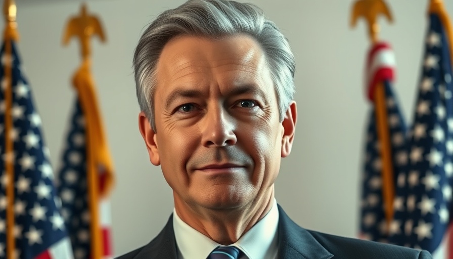 Gavin Newsom impersonation campaign; man in suit against flag backdrop.