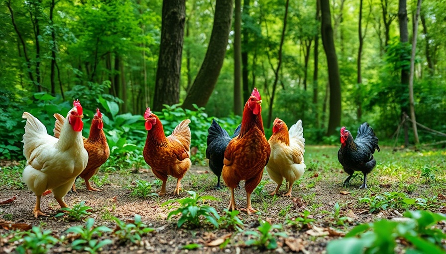 Chickens pecking outdoors in a forest setting.