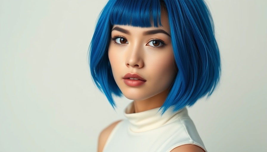 Vibrant blue bob hairstyle transformation with soft lighting.