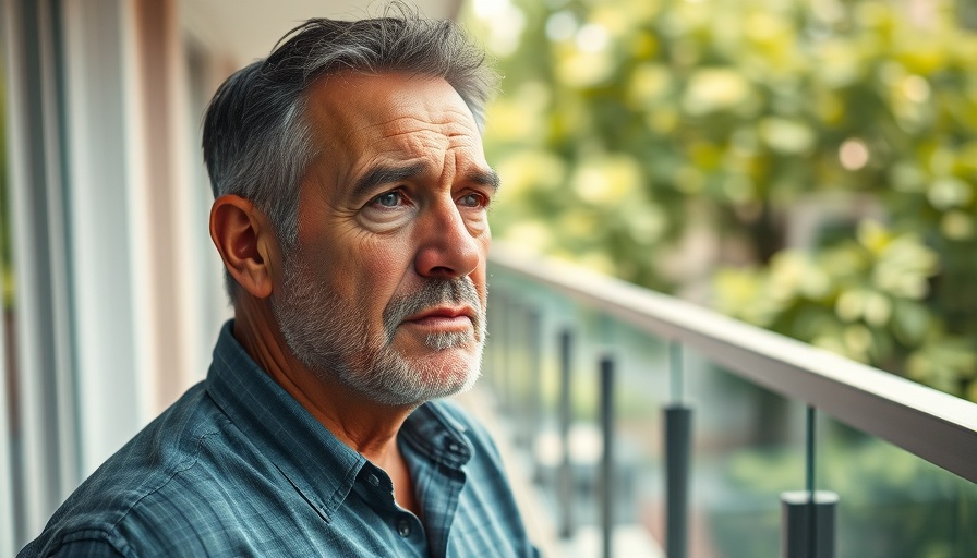 Contemplative man outdoors with green background.