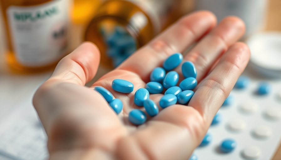 Blue pills in hand during drug trial approval time.