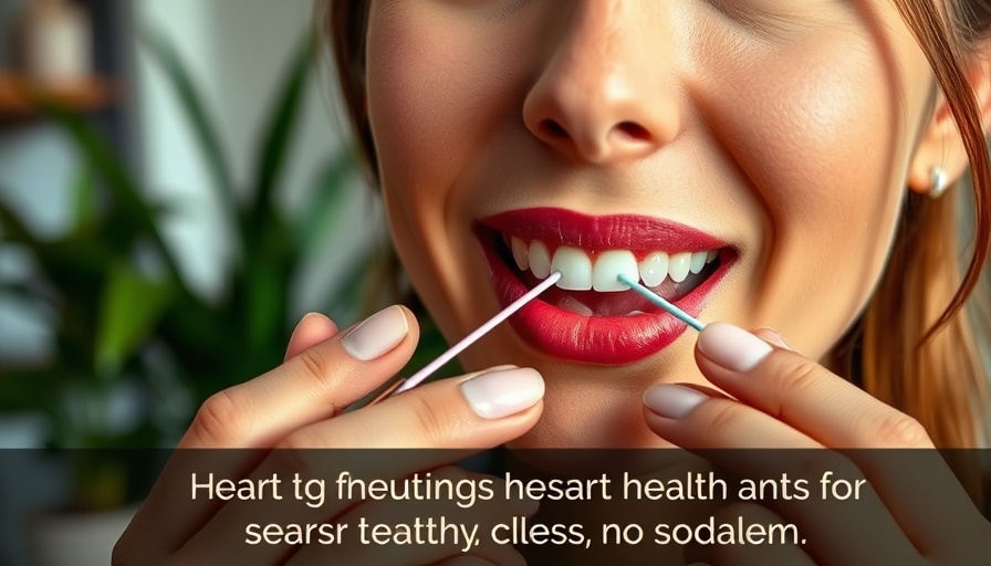 Close-up of a woman flossing her teeth and holding dental care tools, related to gum health and heart disease.