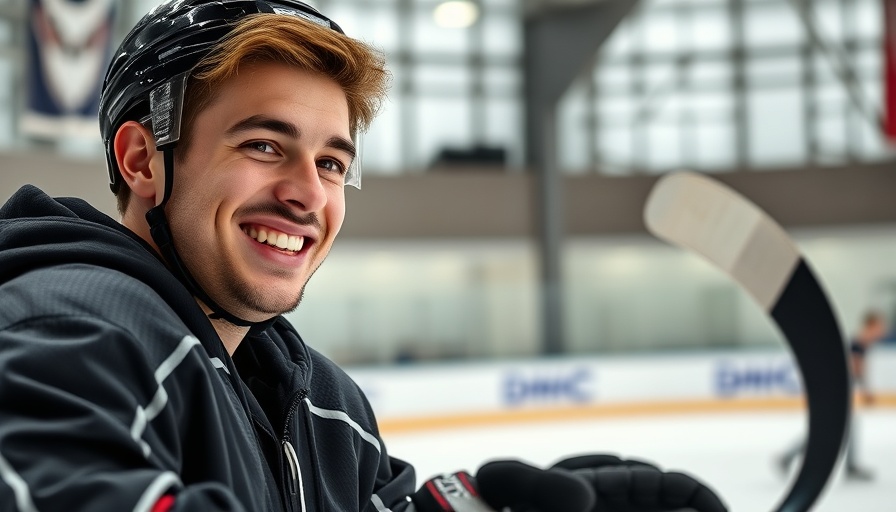 Hockey player practicing on ice, smiling confidently.