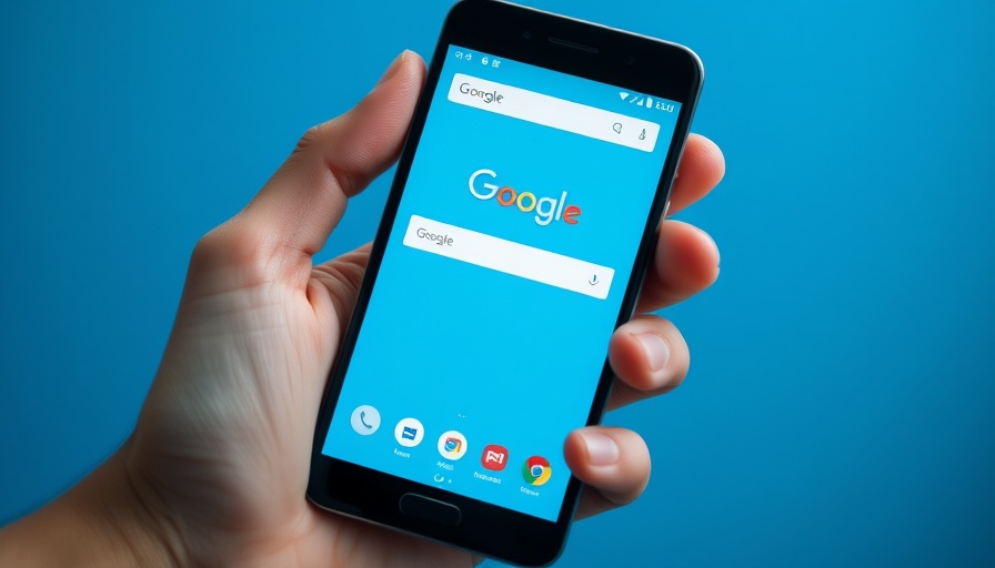 Close-up of smartphone with Google Chrome homepage against blue background.