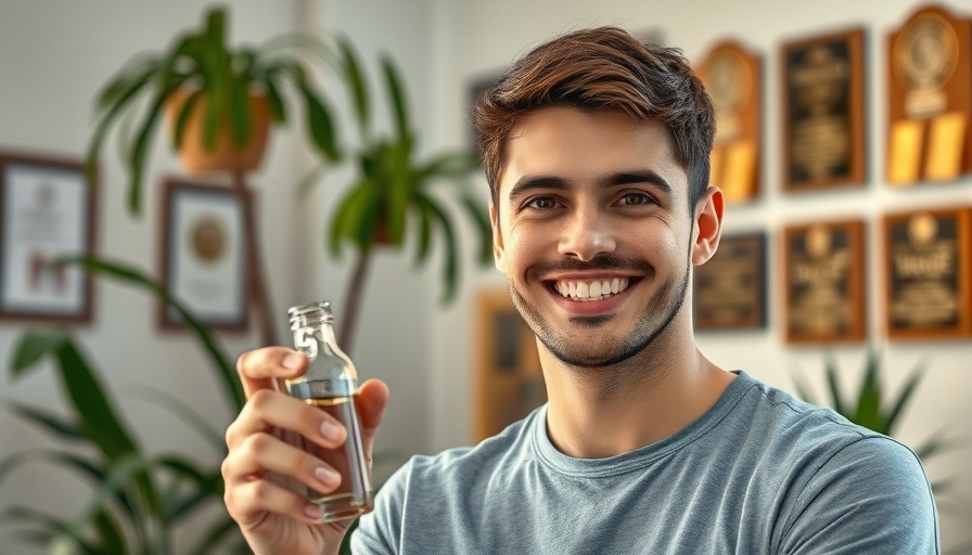 Young man demonstrating eyelid trick for red eyes, holding product.