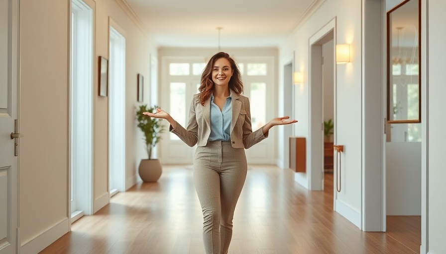 Confident woman in hallway presenting real estate renovation, fix and flip investment.