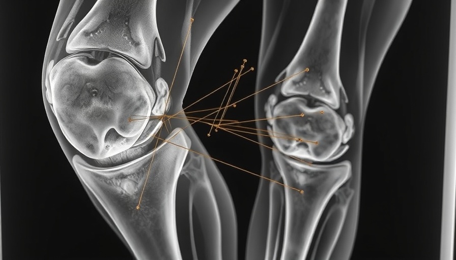X-ray of knee with gold-thread acupuncture for pain relief.