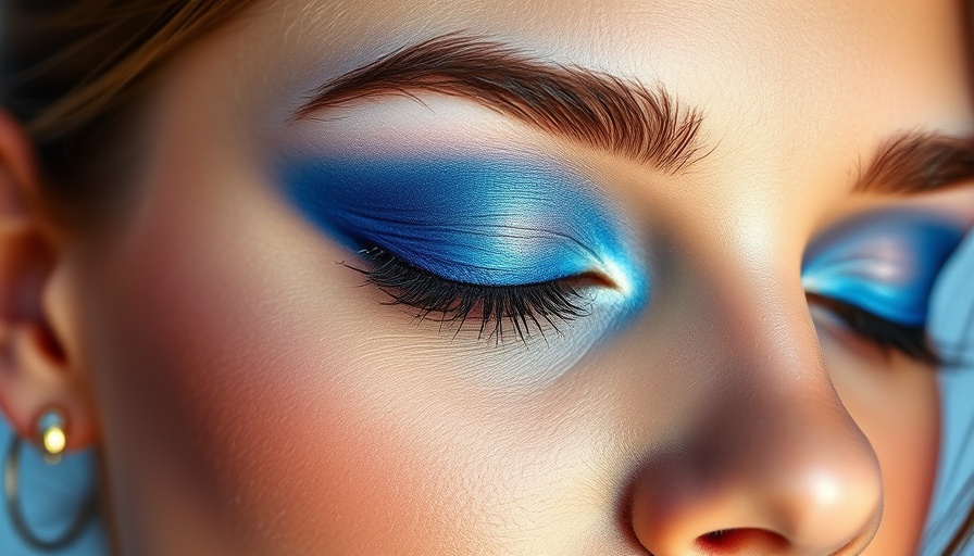 Close-up of vibrant blue eyeshadow makeup trend, serene expression.