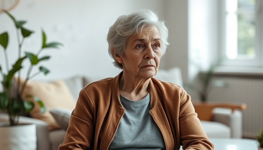 Concerned older woman in living room, reflecting on financial abuse.