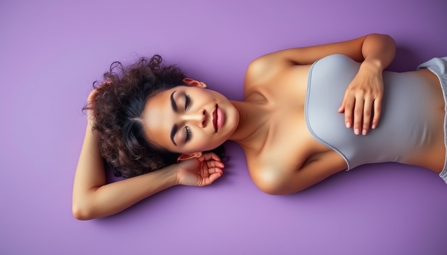 Woman demonstrating relaxation for anxiety relief on a purple background.