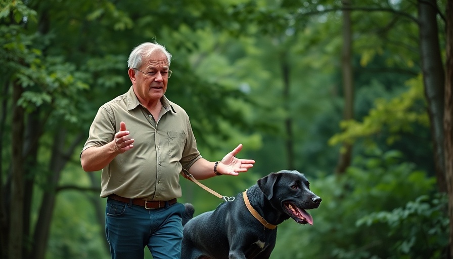 Man training a dog during a walk in a forest, puppy training context.