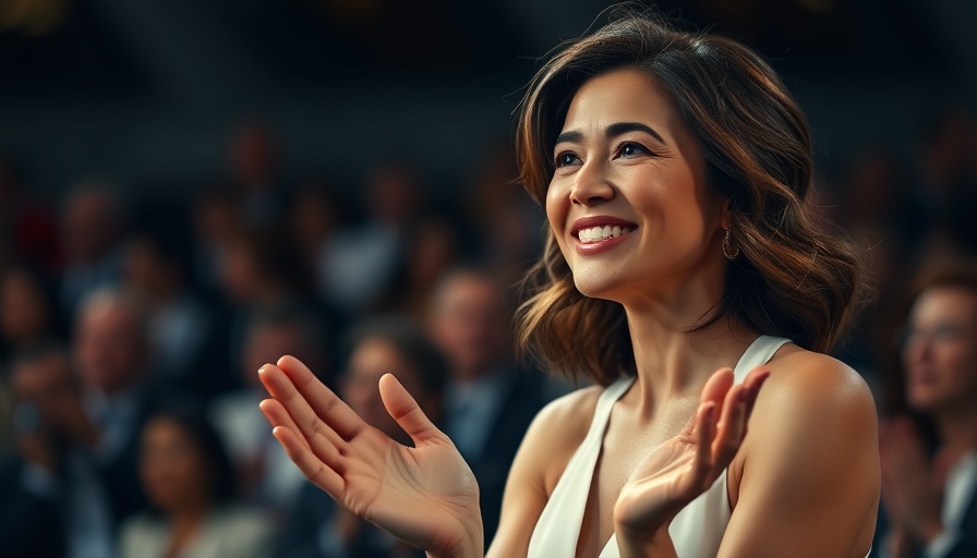 Elegant brunette woman applauding with a smile, blurred background.