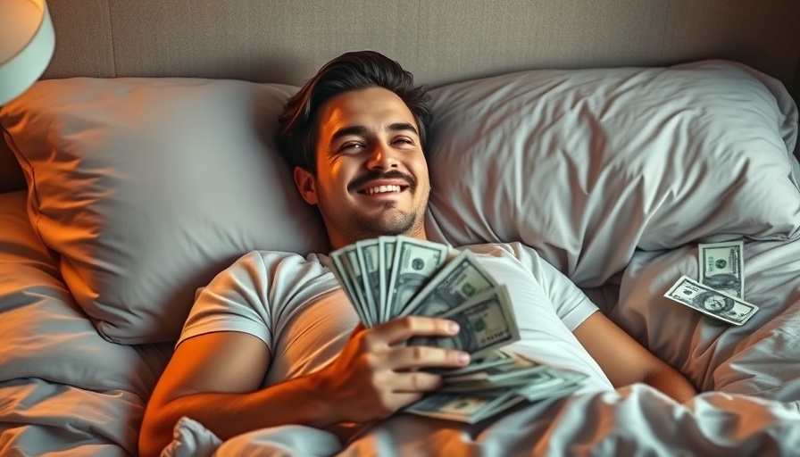 Relaxed man with money in bed depicting financial comfort and security.