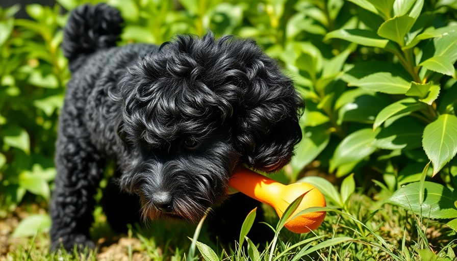 Black poodle playing with toy in garden, showcasing pet health.