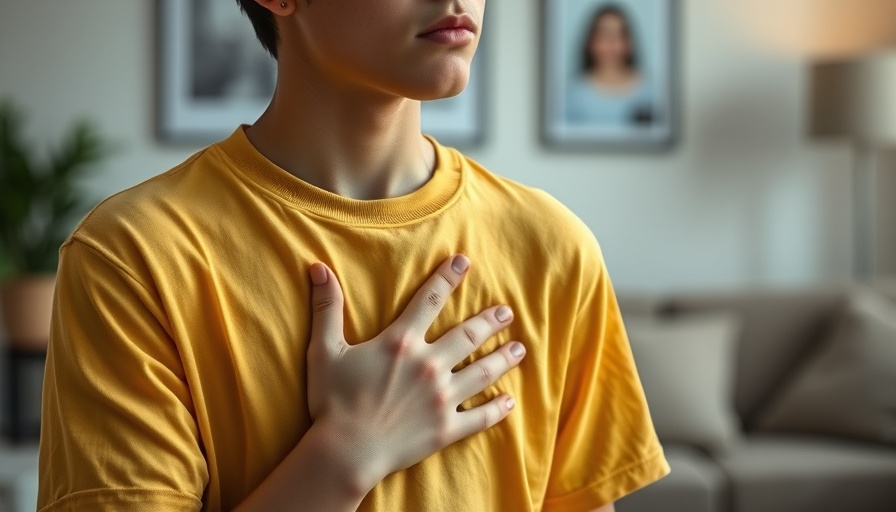 Young person holding chest, mental health and heart disease risk.