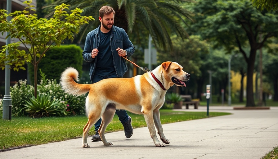 Man training large dog on a walk, lush background.