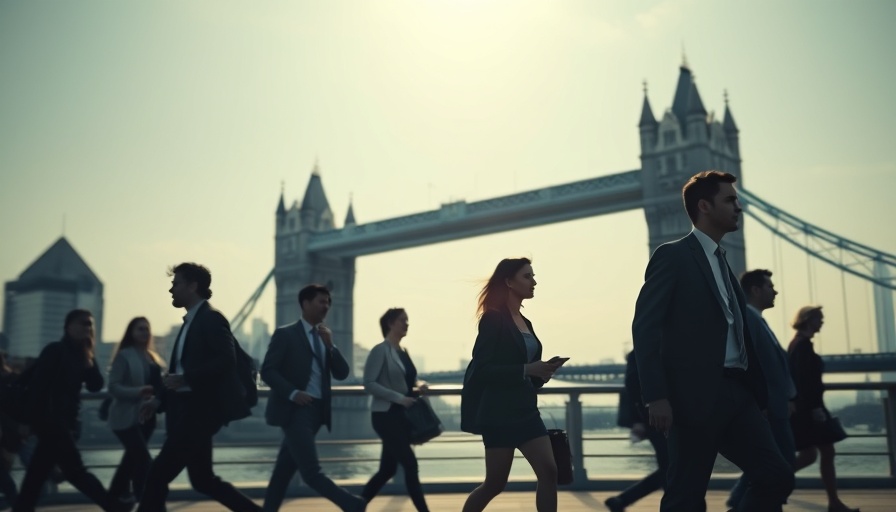 Workers commuting with Tower Bridge in background, UK.