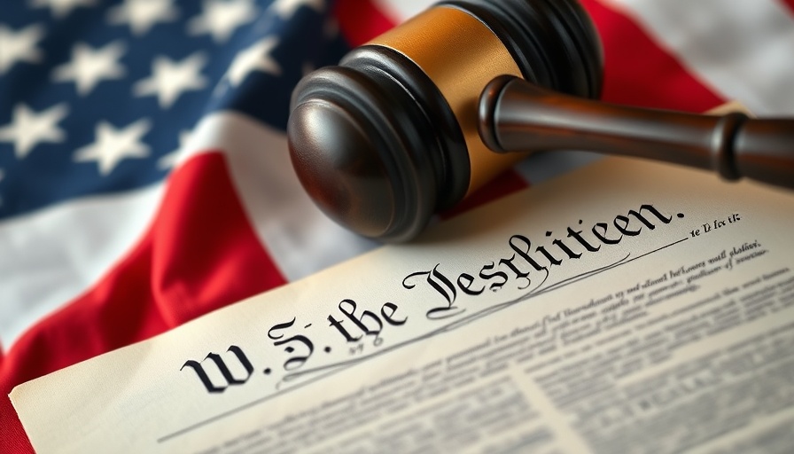U.S. Constitution with gavel and American flag background, symbolizing justice.