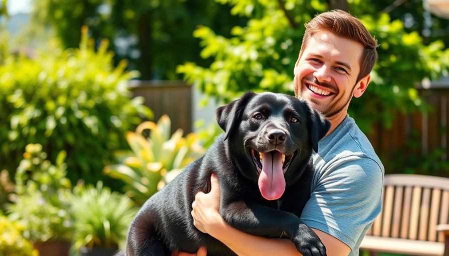 Man and black dog with tongue out in sunny garden, chupacabra dog.