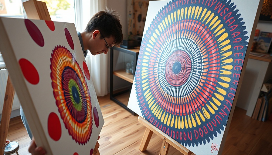 An artist focused on painting circular patterns, symbolizing access to eye care.