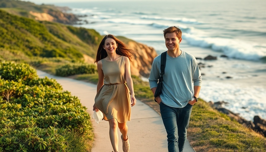 Couple demonstrating walking technique for back pain on scenic path.