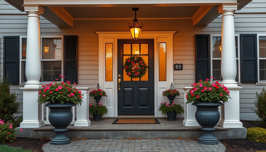 Charming front porch with potted flowers and warm lights, relating to vacation homes.