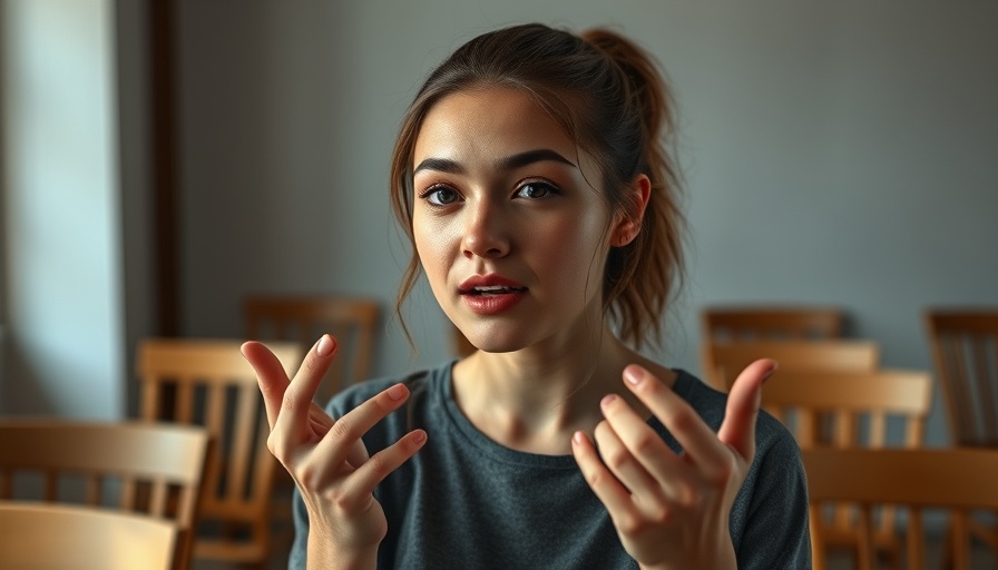Young woman gesturing in flea-infested home discussion.