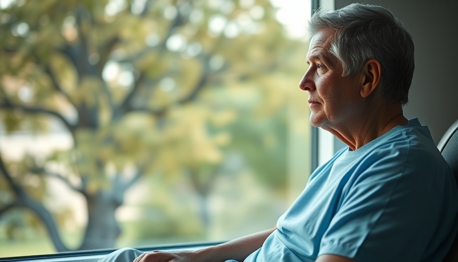 Patient in hospital gown contemplating by window, persistent opioid use in cancer surgery.