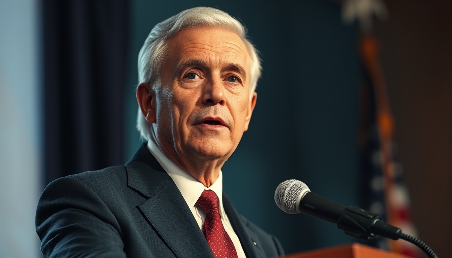 Focused older man speaking indoors with American flag background.