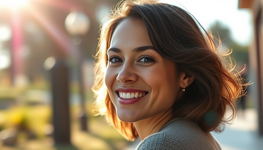 Woman smiling outdoors in sunlight, lifestyle changes and mental health focus.