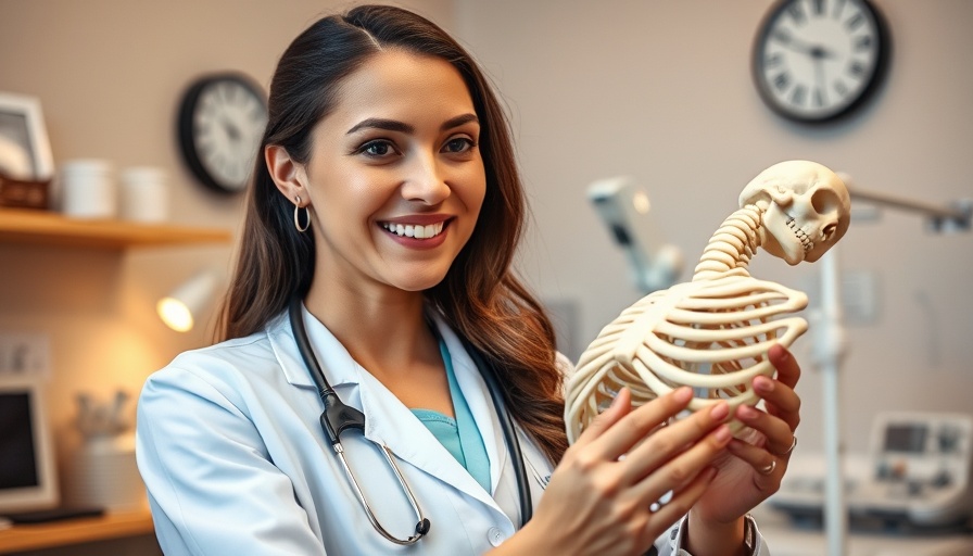 Doctor in white examining bone model for early detection of bone disorders.