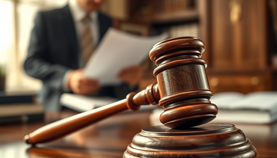 Judge's gavel in legal office with documents and justice scale.
