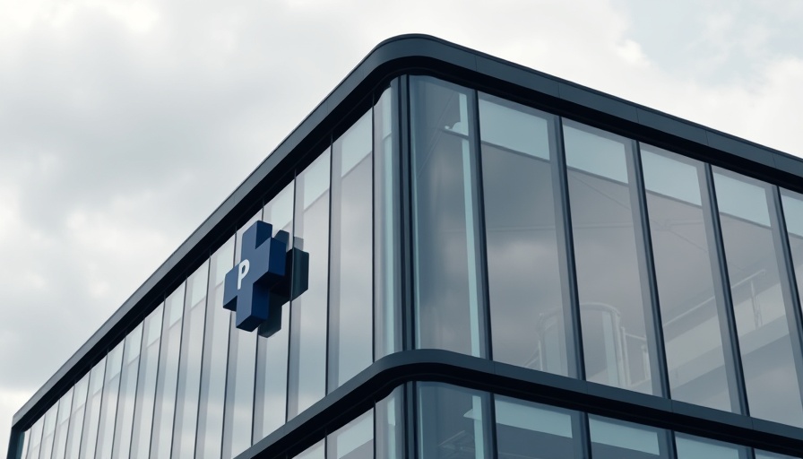 Modern pharmaceutical company building with logo sign, cloudy sky.