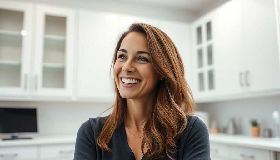 Smiling woman discussing the importance of dental health in a professional setting.