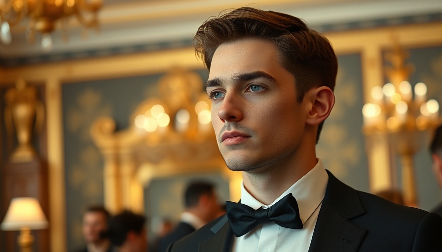 Young man attending event, neutral expression, indoor ornate setting.