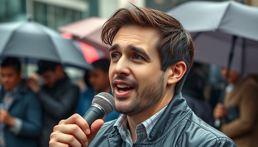 Zohran Mamdani speaking in the rain with supporters holding umbrellas.