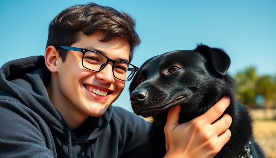 Young man with black Canis Panther guard dog outdoors.