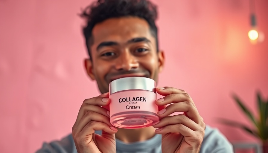 Person smiling while holding a pink jar of collagen cream