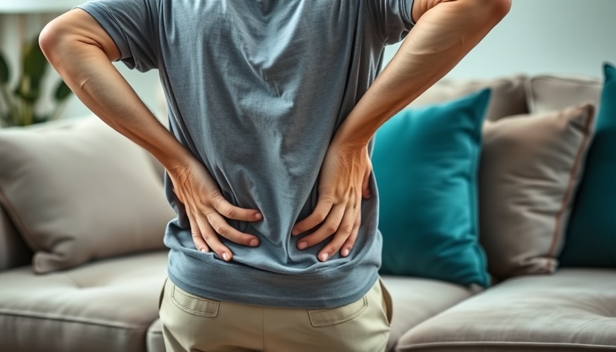 Woman with back discomfort sitting on sofa, regain height without surgery.