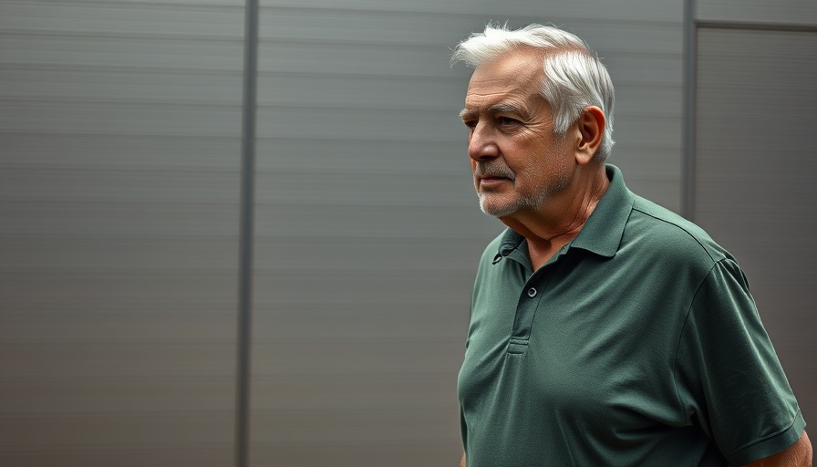 Older man in green polo walking by steel wall, reflective mood, Brazil's Supreme Court Bolsonaro ruling