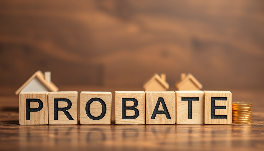 Wooden blocks spelling Probate with houses and coins in background.