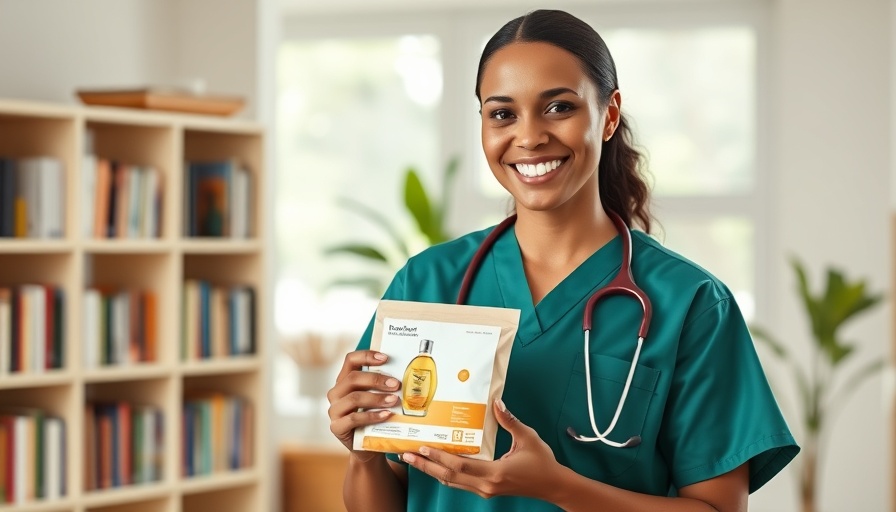 Veterinarian smiling indoors holding a product package.