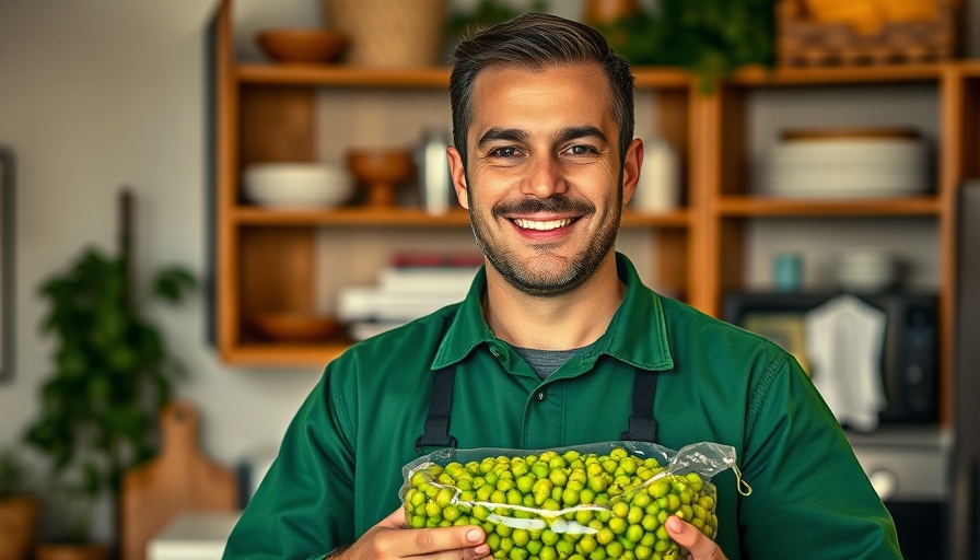 Man discussing dog nutrition with peas in a home setting.