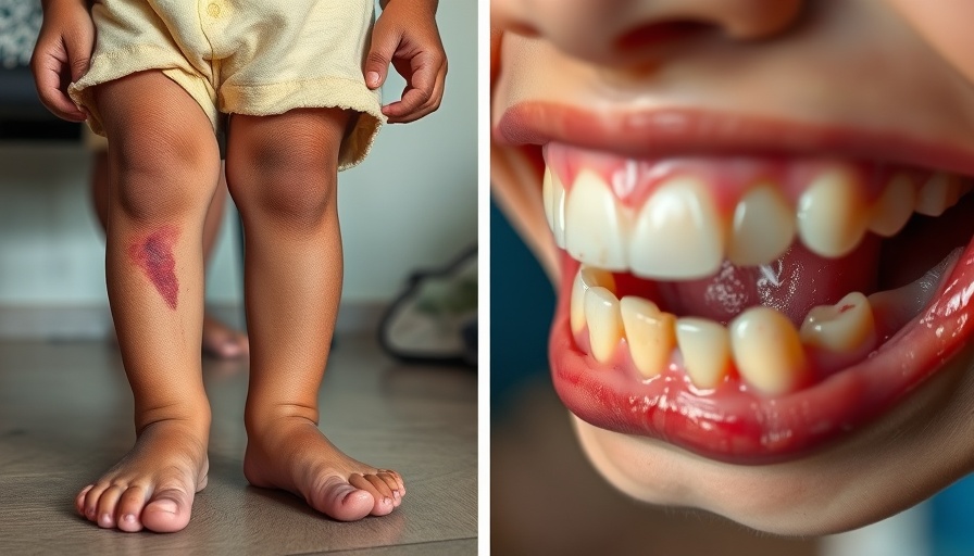 Close-up of child's legs with bruises and swollen gums indicating scurvy.